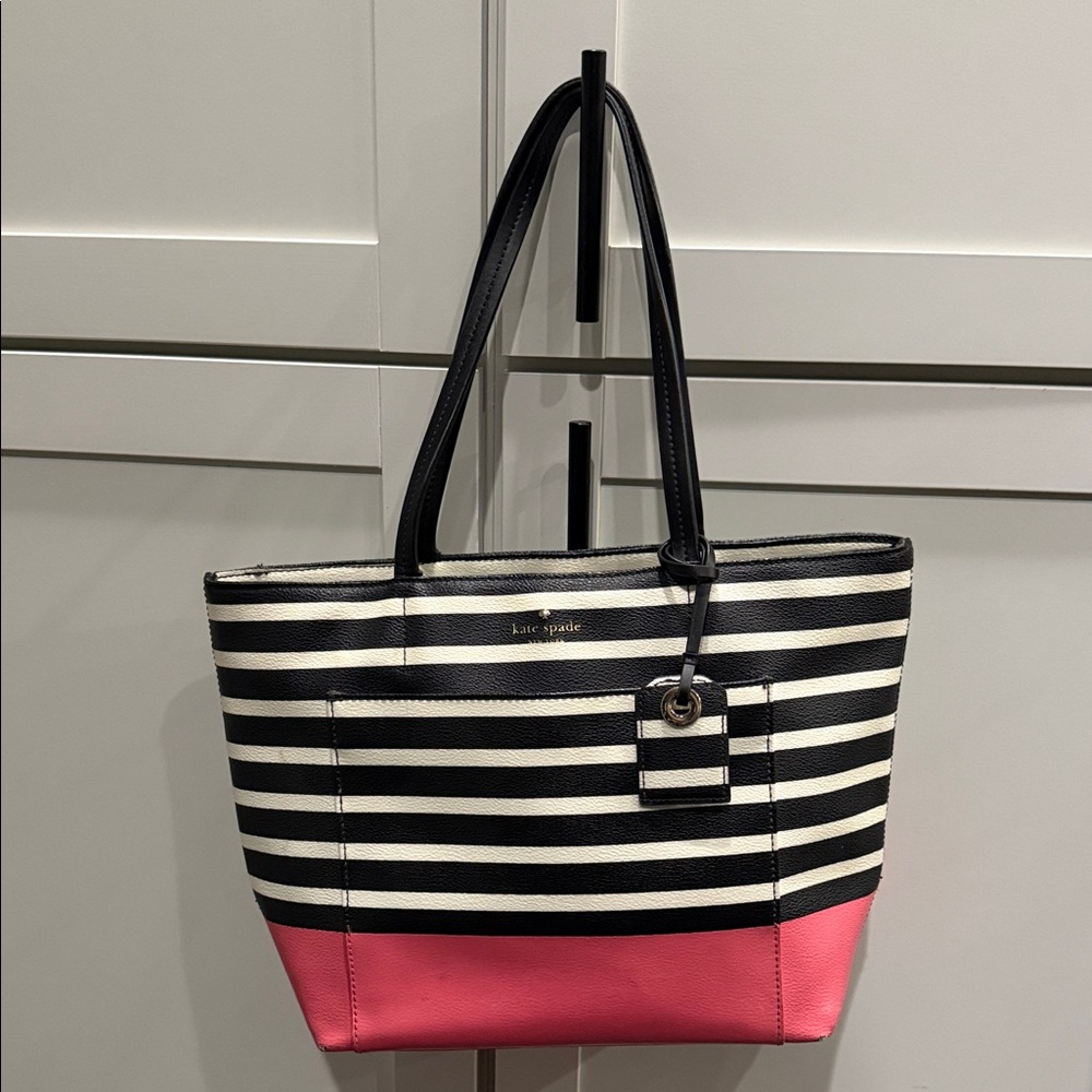 Kate Spade Black and White Striped Tote with Pink Base